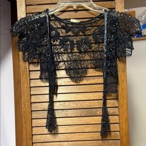 Black Lace Beaded Shawl with Fringe